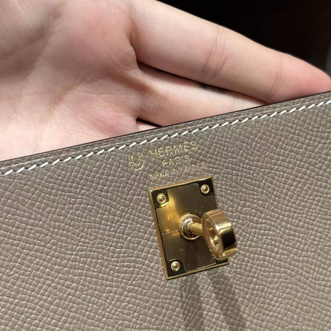 Hermes Kelly 25 Bag Handmade In Epsom Calfskin Leather Gold Hardware 18 Etoupe 10 Craie - Image 16
