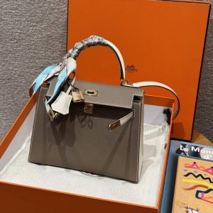 Hermes Kelly 25 Bag Handmade In Epsom Calfskin Leather Gold Hardware 18 Etoupe 10 Craie - Image 13