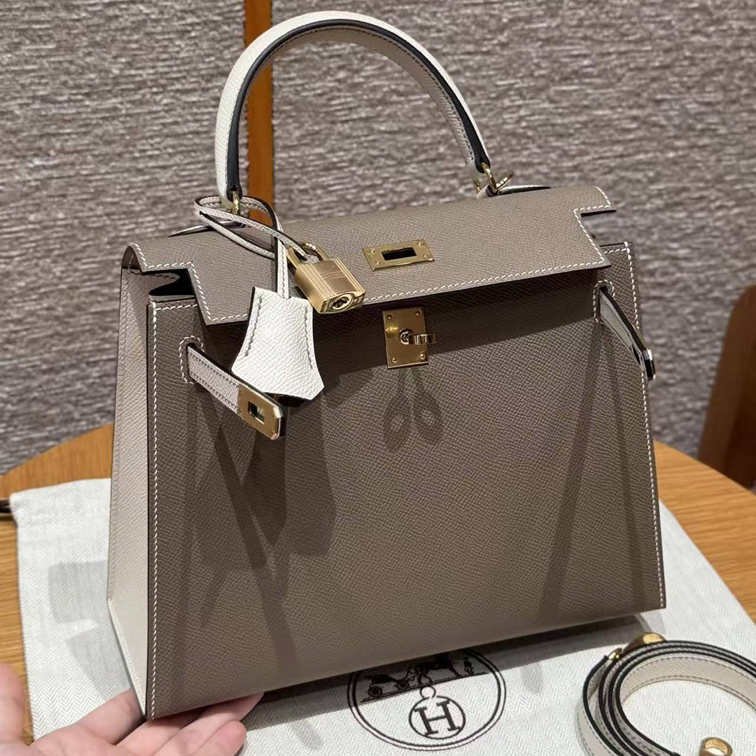 Hermes Kelly 25 Bag Handmade In Epsom Calfskin Leather Gold Hardware 18 Etoupe 10 Craie - Image 12