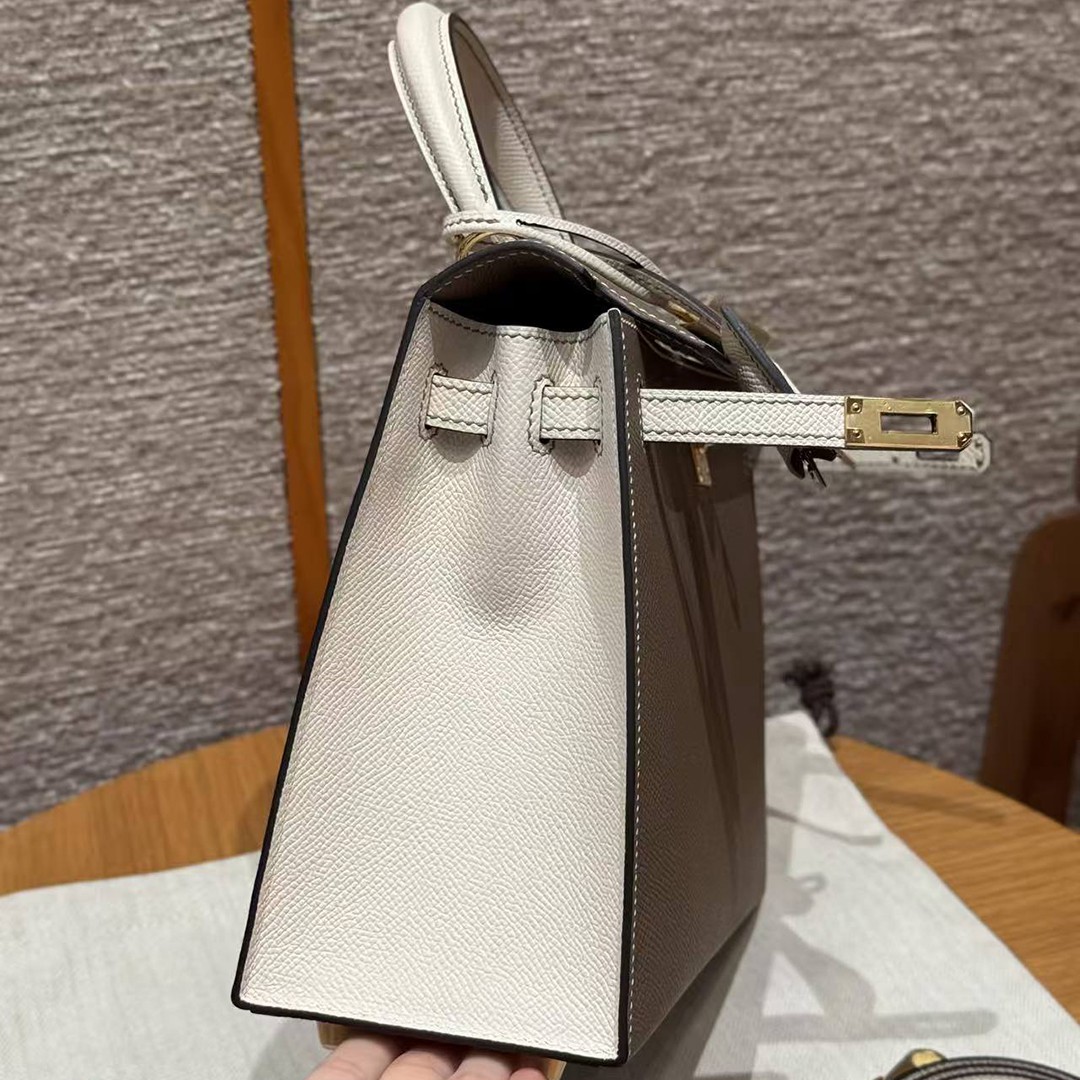 Hermes Kelly 25 Bag Handmade In Epsom Calfskin Leather Gold Hardware 18 Etoupe 10 Craie - Image 11