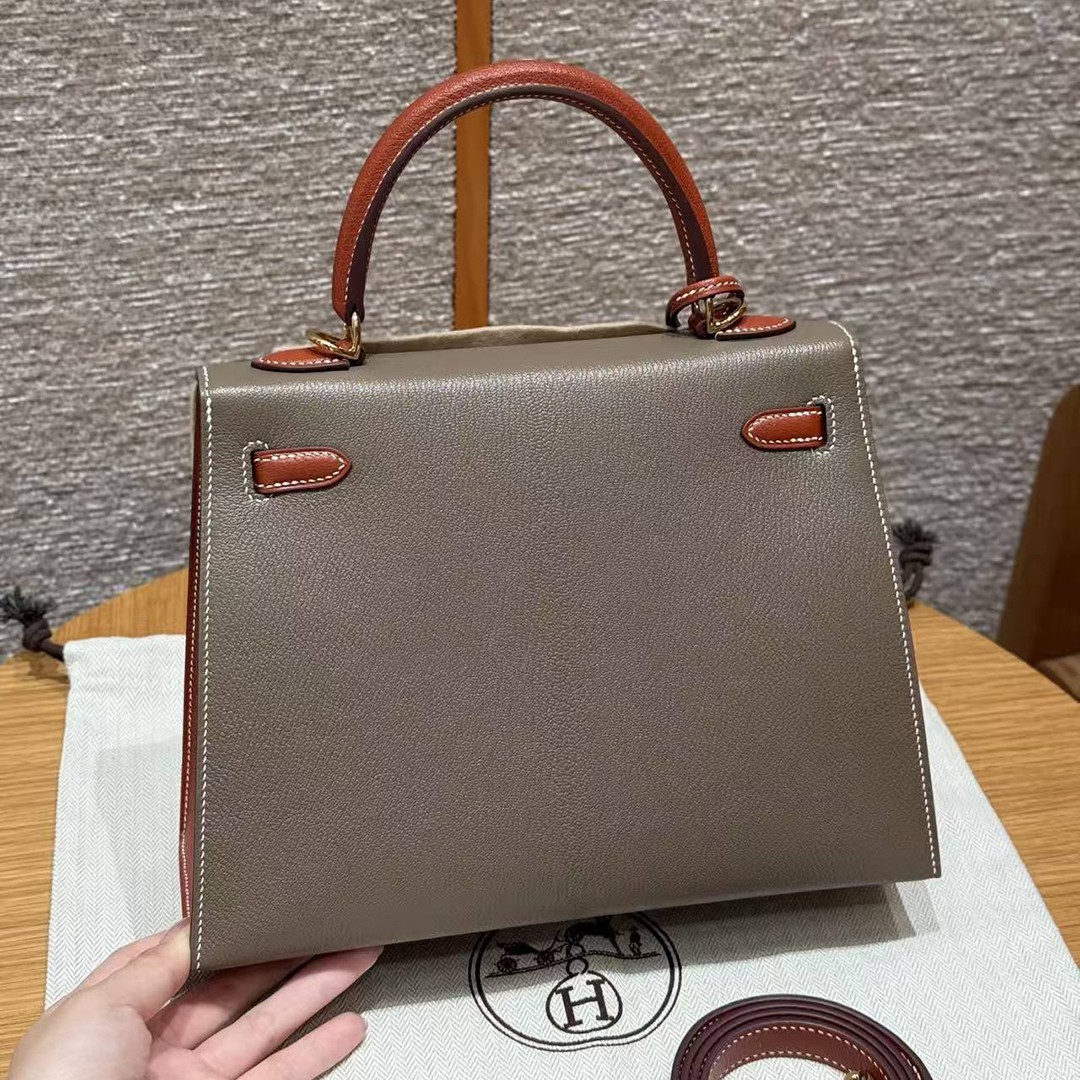 Hermes Kelly 25 Bag Handmade In Chèvre Calfskin Leather From France Gold Hardware 18 Etoupe 30 Noisette - Image 2
