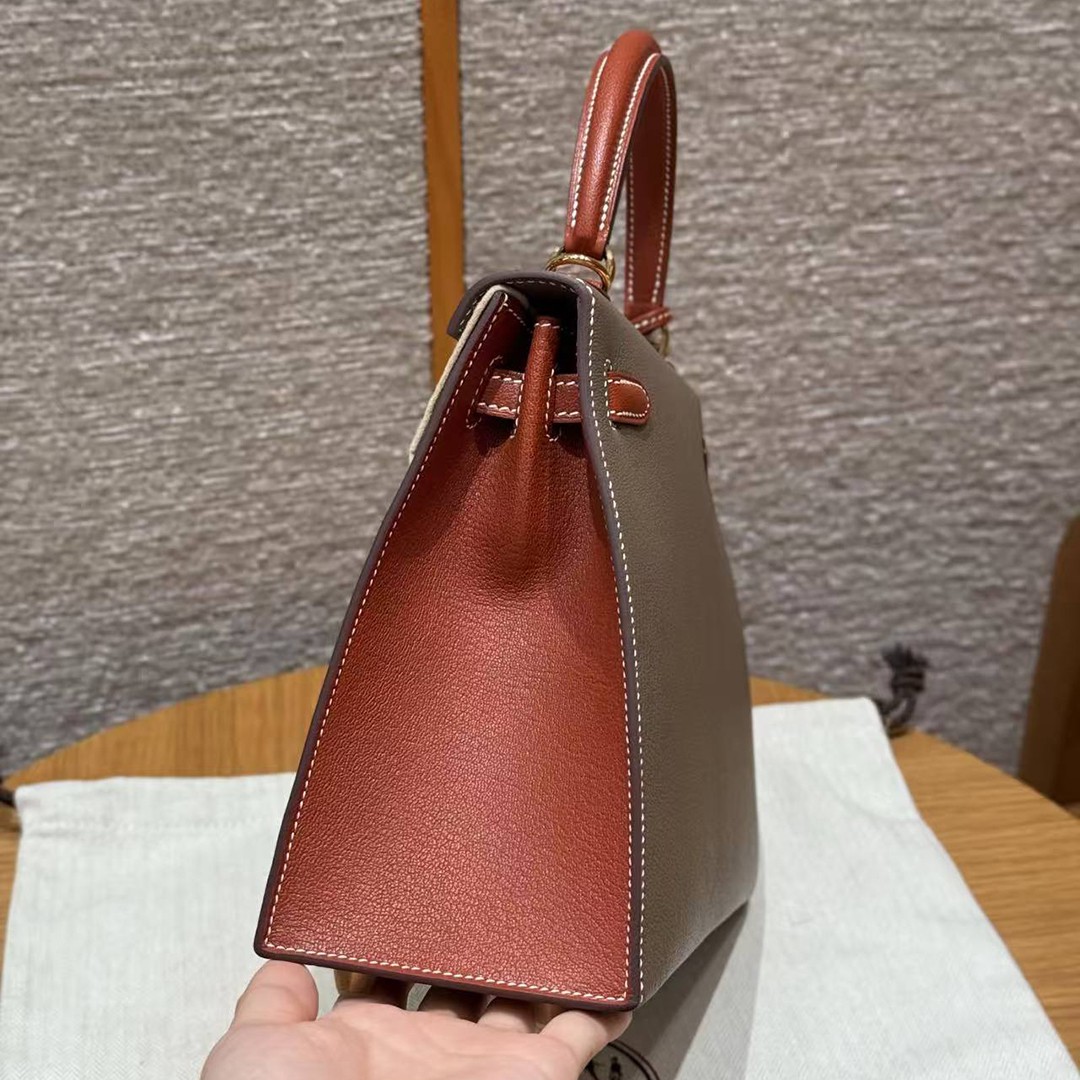 Hermes Kelly 25 Bag Handmade In Chèvre Calfskin Leather From France Gold Hardware 18 Etoupe 30 Noisette - Image 25