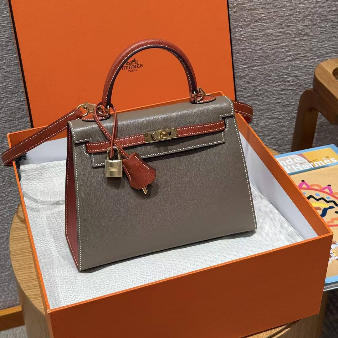 Hermes Kelly 25 Bag Handmade In Chèvre Calfskin Leather From France Gold Hardware 18 Etoupe 30 Noisette - Image 19