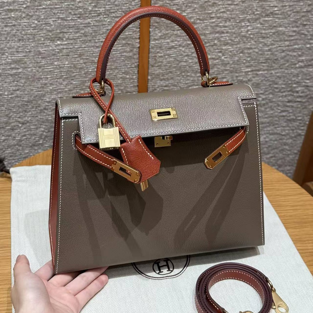 Hermes Kelly 25 Bag Handmade In Chèvre Calfskin Leather From France Gold Hardware 18 Etoupe 30 Noisette - Image 18