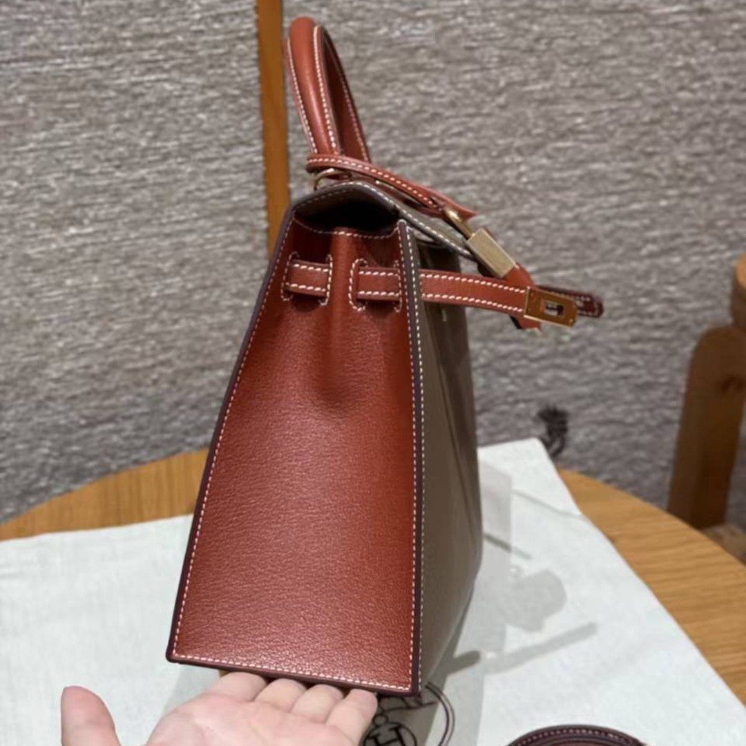 Hermes Kelly 25 Bag Handmade In Chèvre Calfskin Leather From France Gold Hardware 18 Etoupe 30 Noisette - Image 17