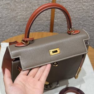 Hermes Kelly 25 Bag Handmade In Chèvre Calfskin Leather From France Gold Hardware 18 Etoupe 30 Noisette - Image 13