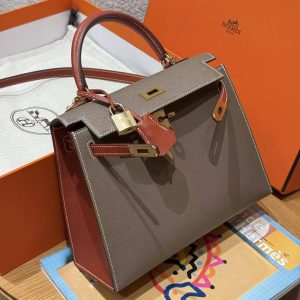 Hermes Kelly 25 Bag Handmade In Chèvre Calfskin Leather From France Gold Hardware 18 Etoupe 30 Noisette - Image 9