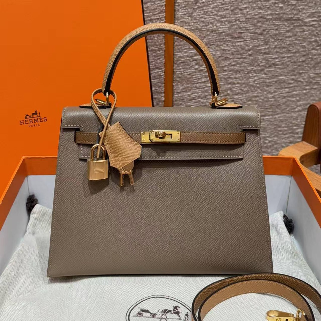 Hermes Kelly 25 Bag Handmade In Epsom Calfskin Leather Gold Hardware 18 Etoupe 3G Alezan 4B Biscuit