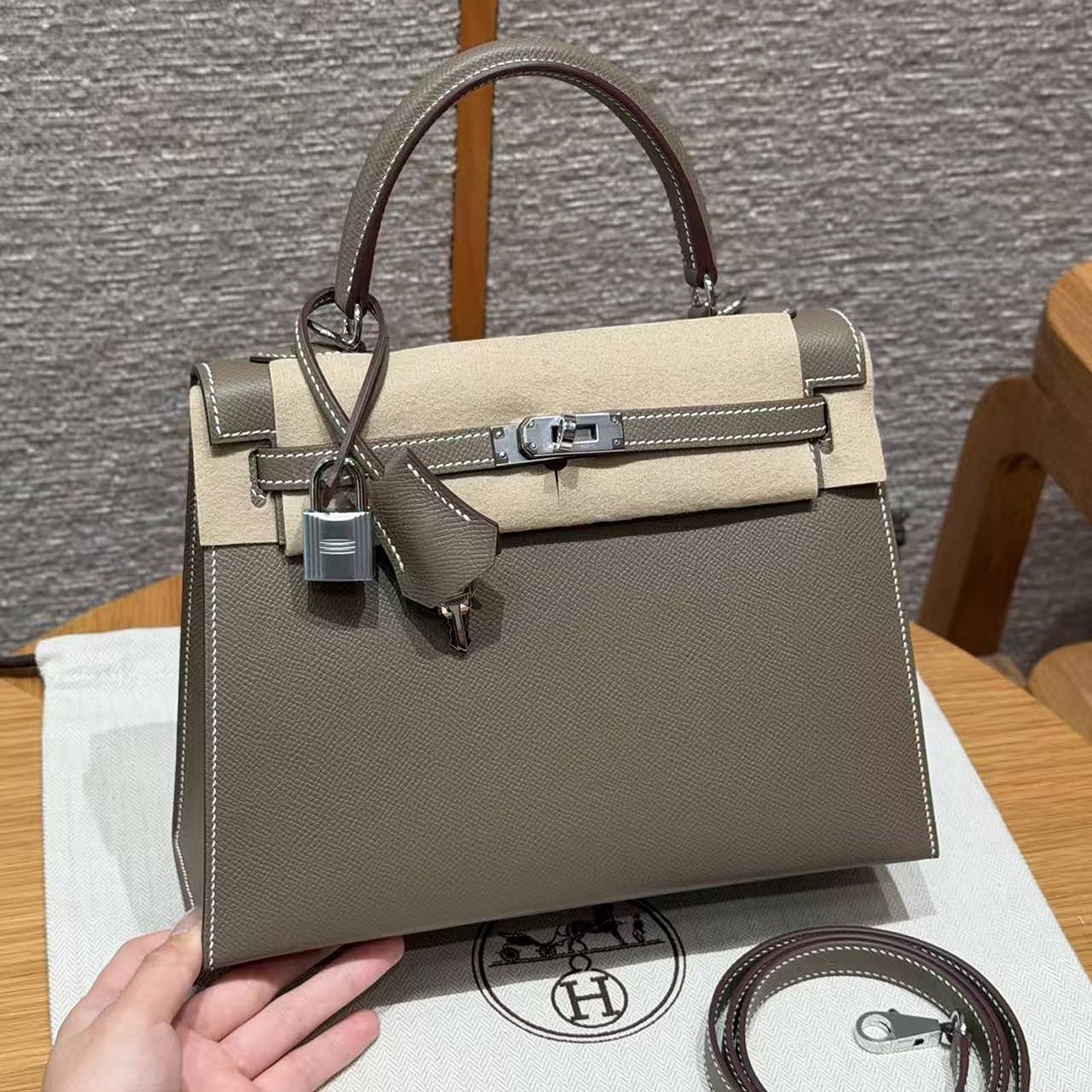 Hermes Kelly 25 Bag Handmade In Epsom Calfskin Leather Silver Hardware 18 Etoupe