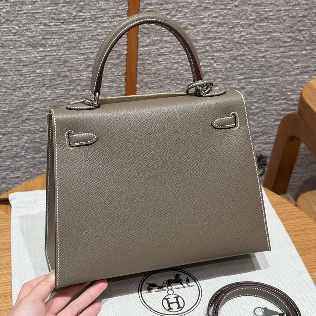 Hermes Kelly 25 Bag Handmade In Epsom Calfskin Leather Silver Hardware 18 Etoupe - Image 2