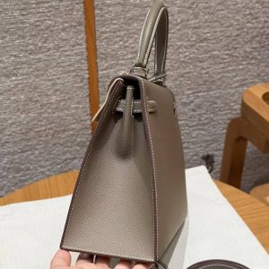 Hermes Kelly 25 Bag Handmade In Epsom Calfskin Leather Silver Hardware 18 Etoupe - Image 21