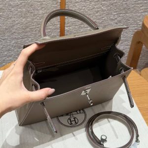 Hermes Kelly 25 Bag Handmade In Epsom Calfskin Leather Silver Hardware 18 Etoupe - Image 18