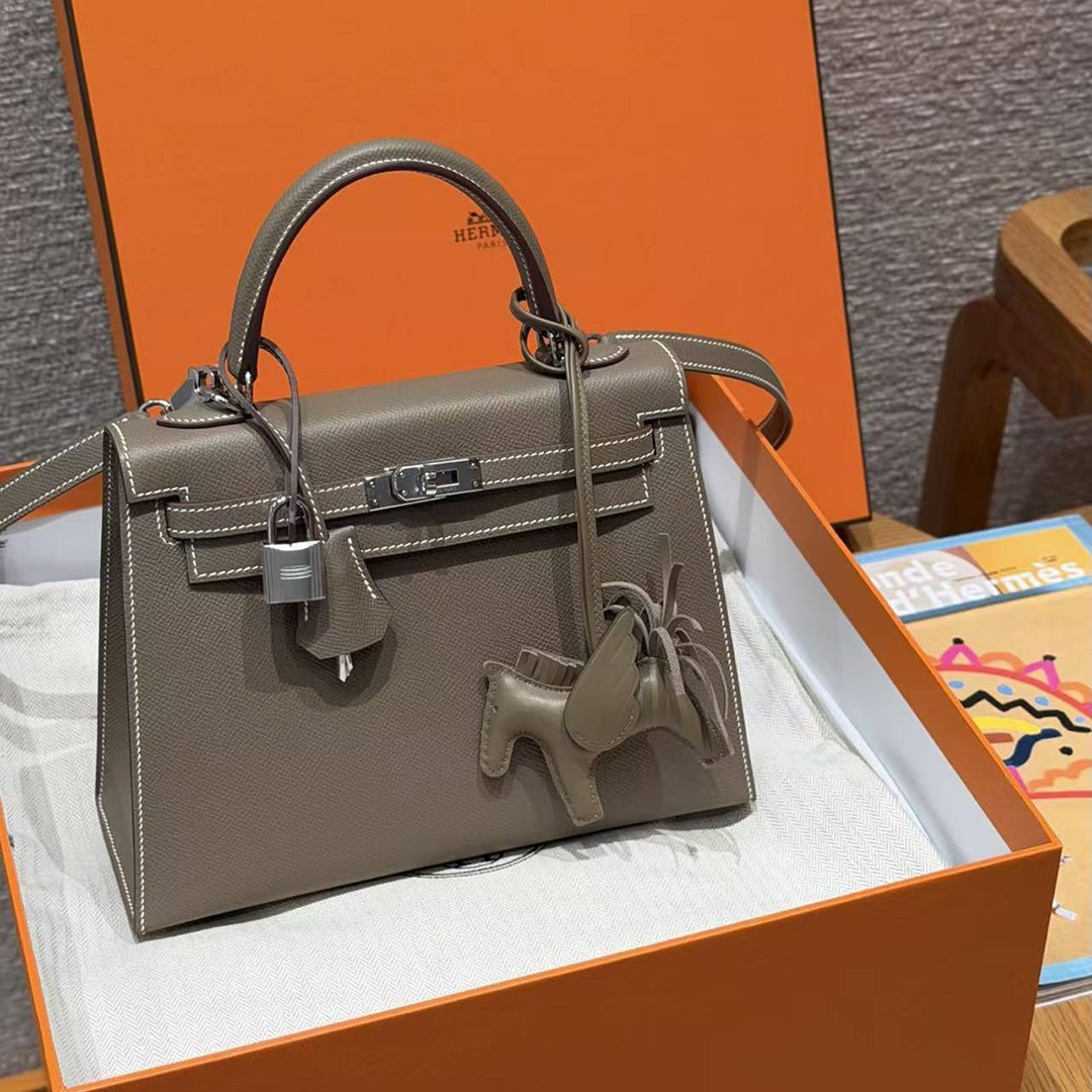 Hermes Kelly 25 Bag Handmade In Epsom Calfskin Leather Silver Hardware 18 Etoupe - Image 14