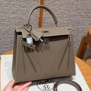 Hermes Kelly 25 Bag Handmade In Epsom Calfskin Leather Silver Hardware 18 Etoupe - Image 13