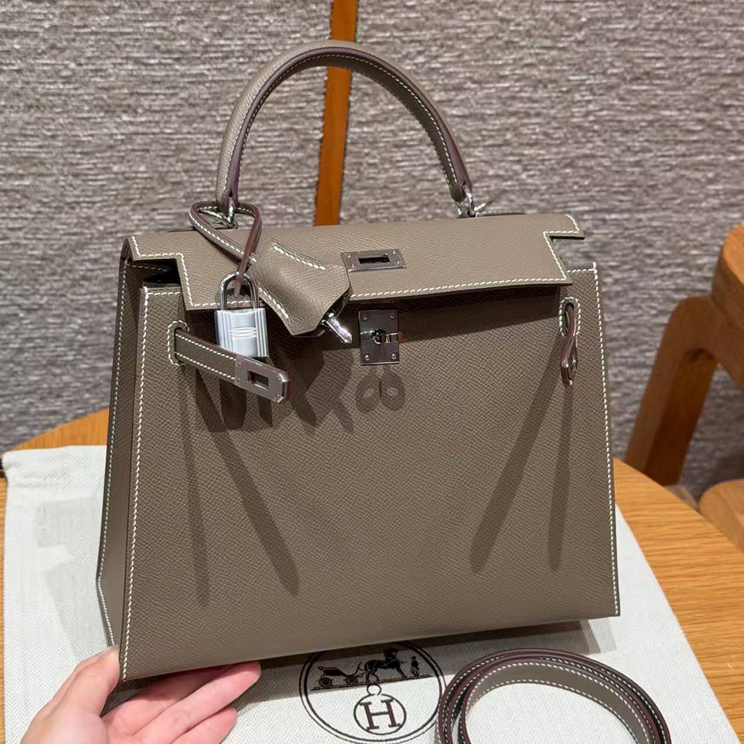 Hermes Kelly 25 Bag Handmade In Epsom Calfskin Leather Silver Hardware 18 Etoupe - Image 13