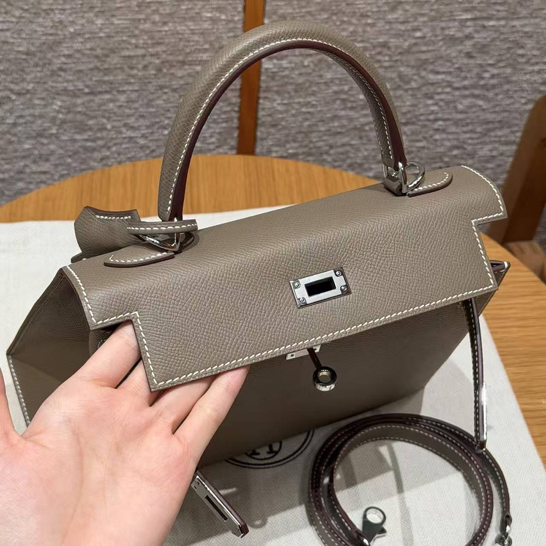 Hermes Kelly 25 Bag Handmade In Epsom Calfskin Leather Silver Hardware 18 Etoupe - Image 12
