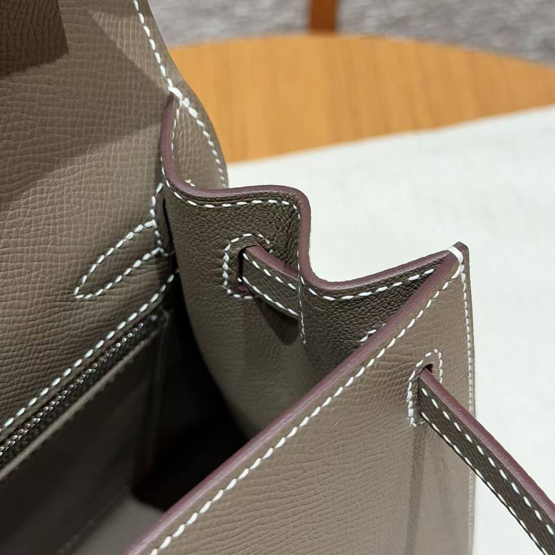 Hermes Kelly 25 Bag Handmade In Epsom Calfskin Leather Silver Hardware 18 Etoupe - Image 7