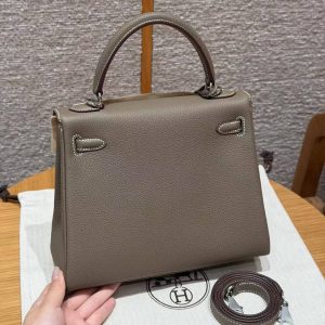 Hermes Kelly 25 Bag Handmade In Togo Calfskin Leather Silver Hardware 18 Etoupe - Image 2