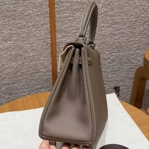 Hermes Kelly 25 Bag Handmade In Togo Calfskin Leather Silver Hardware 18 Etoupe - Image 20