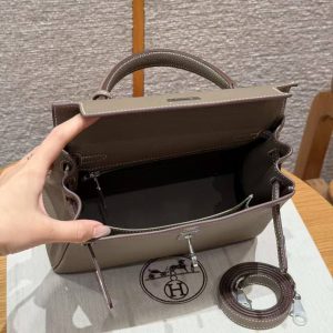 Hermes Kelly 25 Bag Handmade In Togo Calfskin Leather Silver Hardware 18 Etoupe - Image 18