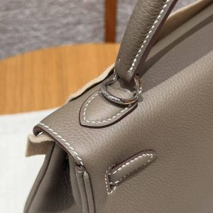 Hermes Kelly 25 Bag Handmade In Togo Calfskin Leather Silver Hardware 18 Etoupe - Image 15