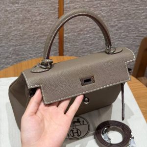 Hermes Kelly 25 Bag Handmade In Togo Calfskin Leather Silver Hardware 18 Etoupe - Image 11