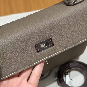 Hermes Kelly 25 Bag Handmade In Togo Calfskin Leather Silver Hardware 18 Etoupe - Image 10