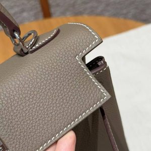 Hermes Kelly 25 Bag Handmade In Togo Calfskin Leather Silver Hardware 18 Etoupe - Image 9