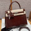 Hermes Kelly 25 Bag Handmade In Porosus Crocodile Leather Silver Hardware 33 Miel