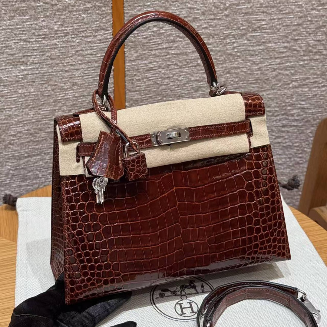 Hermes Kelly 25 Bag Handmade In Porosus Crocodile Leather Silver Hardware 33 Miel