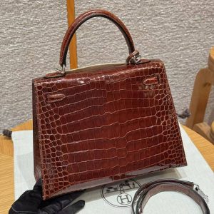 Hermes Kelly 25 Bag Handmade In Porosus Crocodile Leather Silver Hardware 33 Miel - Image 2