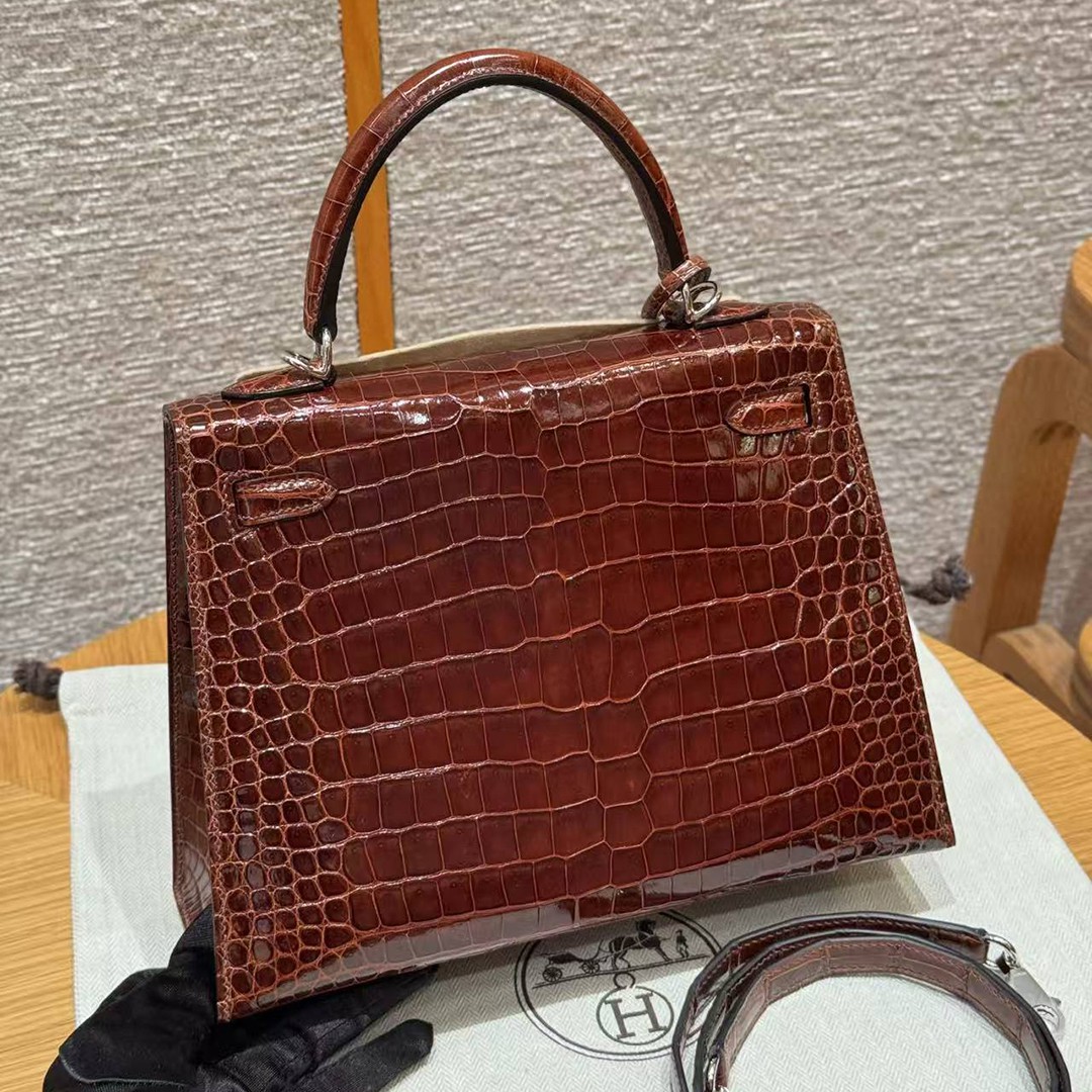 Hermes Kelly 25 Bag Handmade In Porosus Crocodile Leather Silver Hardware 33 Miel - Image 2