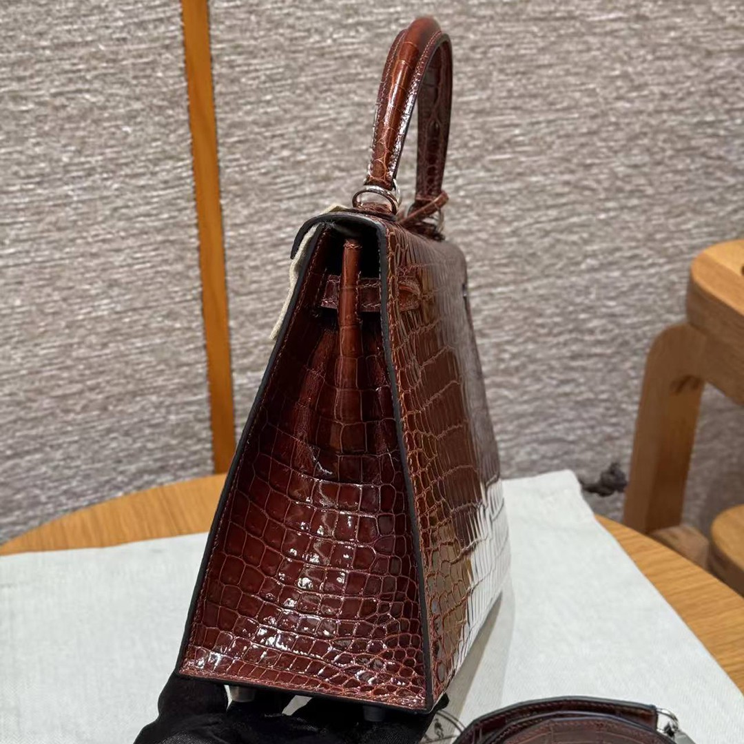 Hermes Kelly 25 Bag Handmade In Porosus Crocodile Leather Silver Hardware 33 Miel - Image 20