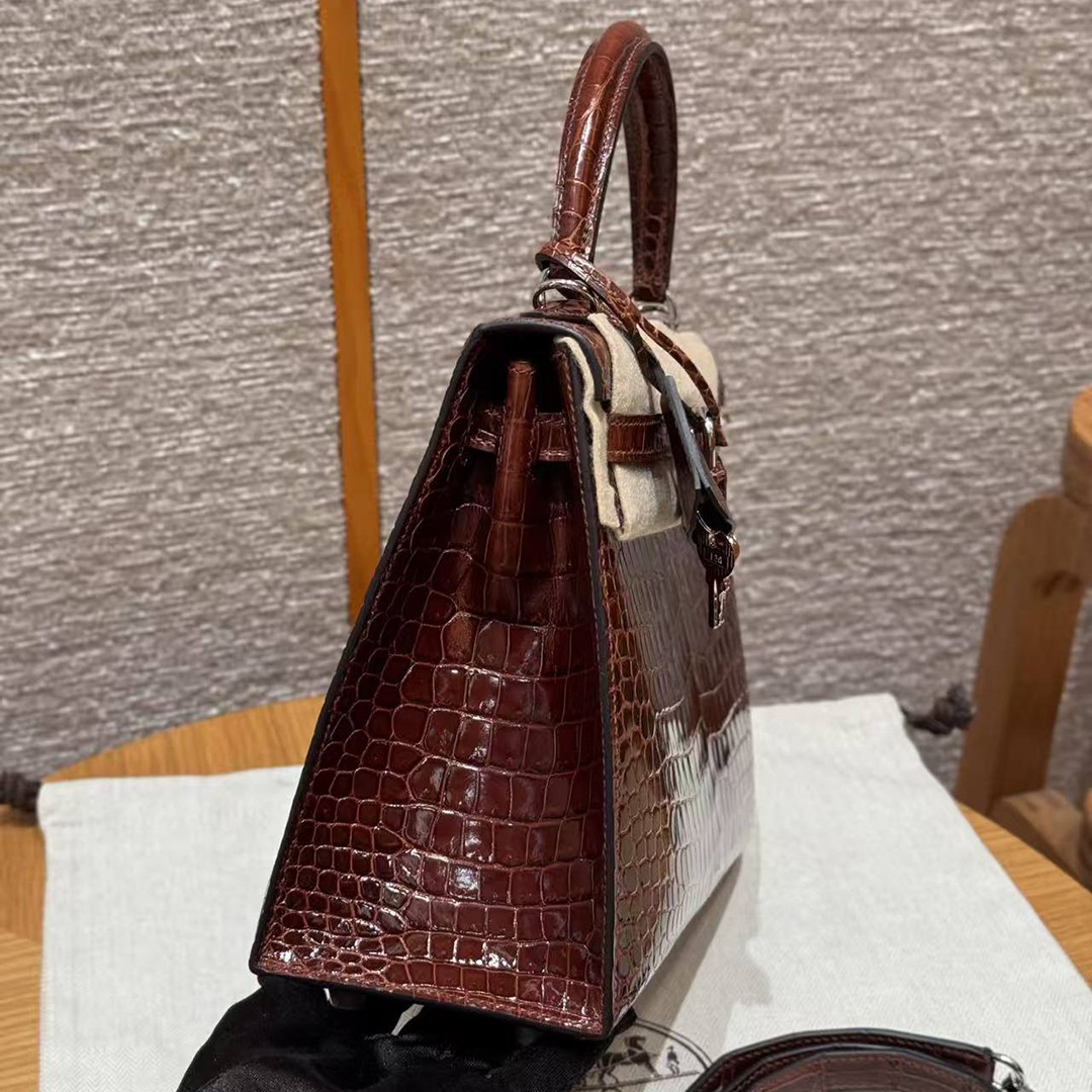 Hermes Kelly 25 Bag Handmade In Porosus Crocodile Leather Silver Hardware 33 Miel - Image 19