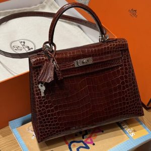 Hermes Kelly 25 Bag Handmade In Porosus Crocodile Leather Silver Hardware 33 Miel - Image 12