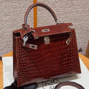 Hermes Kelly 25 Bag Handmade In Porosus Crocodile Leather Silver Hardware 33 Miel - Image 11