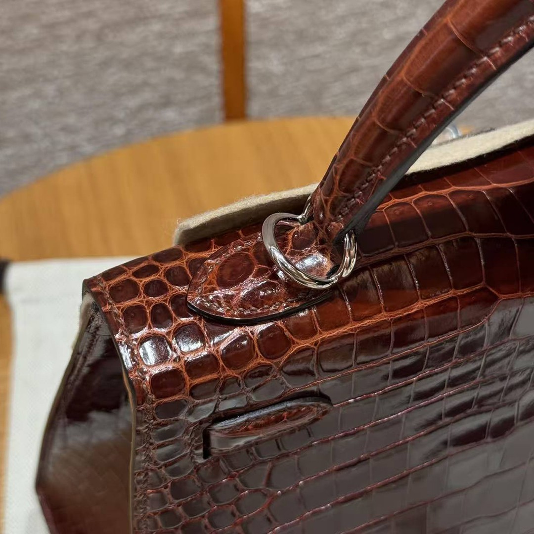 Hermes Kelly 25 Bag Handmade In Porosus Crocodile Leather Silver Hardware 33 Miel - Image 10