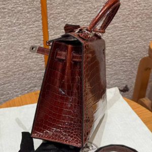 Hermes Kelly 25 Bag Handmade In Porosus Crocodile Leather Silver Hardware 33 Miel - Image 9