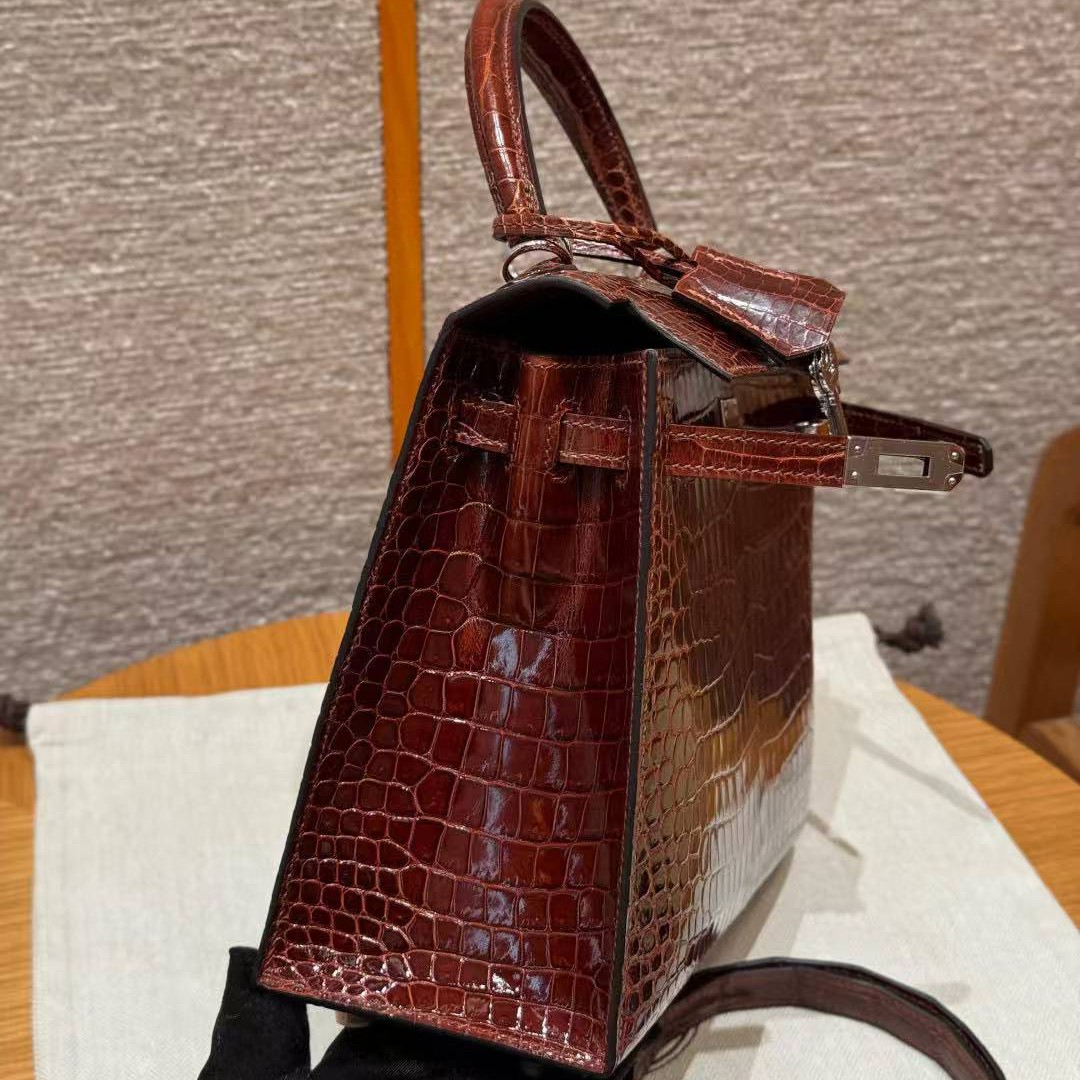 Hermes Kelly 25 Bag Handmade In Porosus Crocodile Leather Silver Hardware 33 Miel - Image 8