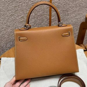 Hermes Kelly 25 Bag Handmade In Epsom Calfskin Leather Silver Hardware 37 Gold - Image 22
