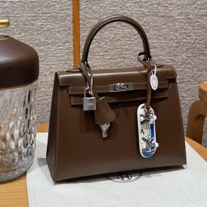 Hermes Kelly 25 Bag Handmade In Box Calfskin Leather FSilver Hardware 3G Alezan - Image 11