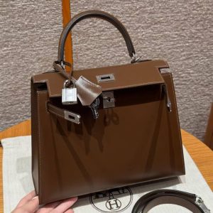 Hermes Kelly 25 Bag Handmade In Box Calfskin Leather FSilver Hardware 3G Alezan - Image 10