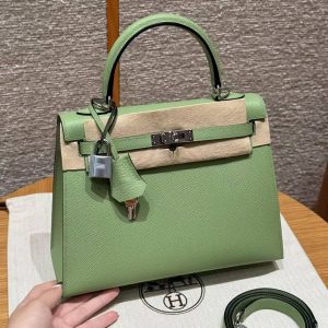 Hermes Kelly 25 Bag Handmade In Epsom Calfskin Leather Silver Hardware 3I Vert Criquent
