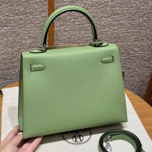 Hermes Kelly 25 Bag Handmade In Epsom Calfskin Leather Silver Hardware 3I Vert Criquent - Image 2
