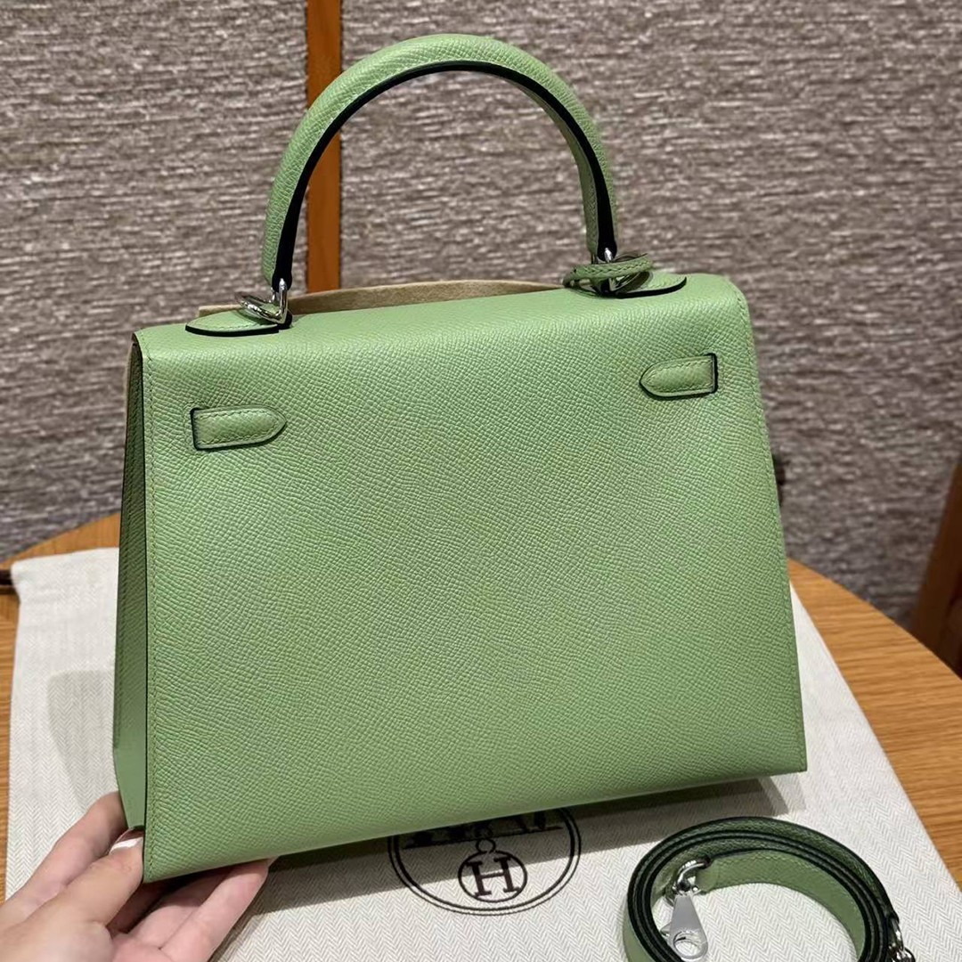 Hermes Kelly 25 Bag Handmade In Epsom Calfskin Leather Silver Hardware 3I Vert Criquent - Image 2