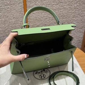 Hermes Kelly 25 Bag Handmade In Epsom Calfskin Leather Silver Hardware 3I Vert Criquent - Image 17