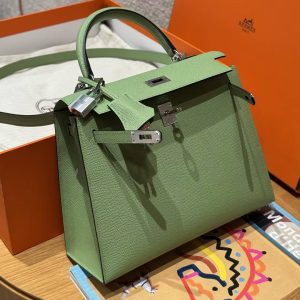 Hermes Kelly 25 Bag Handmade In Epsom Calfskin Leather Silver Hardware 3I Vert Criquent - Image 13