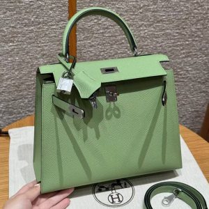 Hermes Kelly 25 Bag Handmade In Epsom Calfskin Leather Silver Hardware 3I Vert Criquent - Image 12