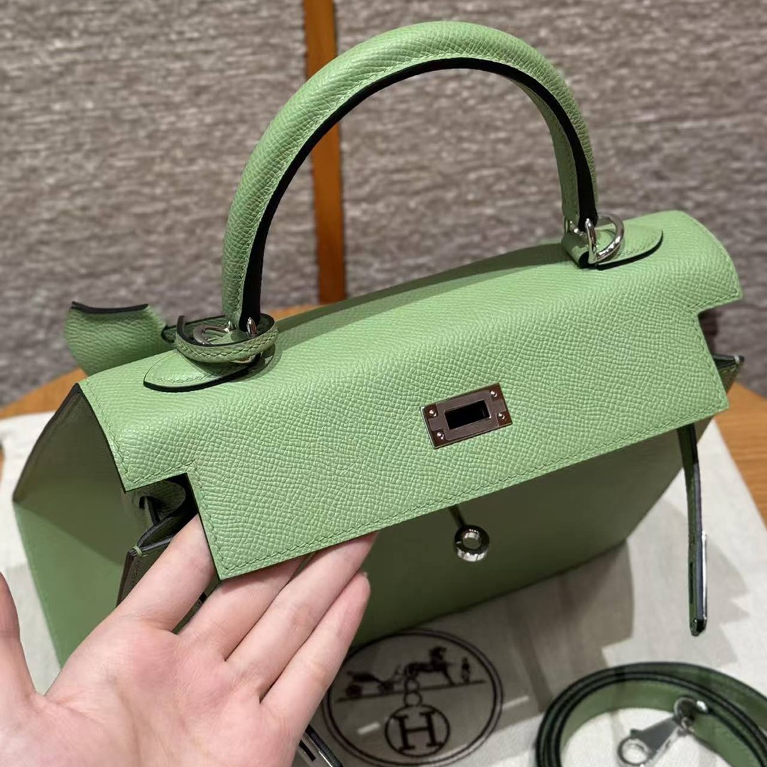 Hermes Kelly 25 Bag Handmade In Epsom Calfskin Leather Silver Hardware 3I Vert Criquent - Image 11