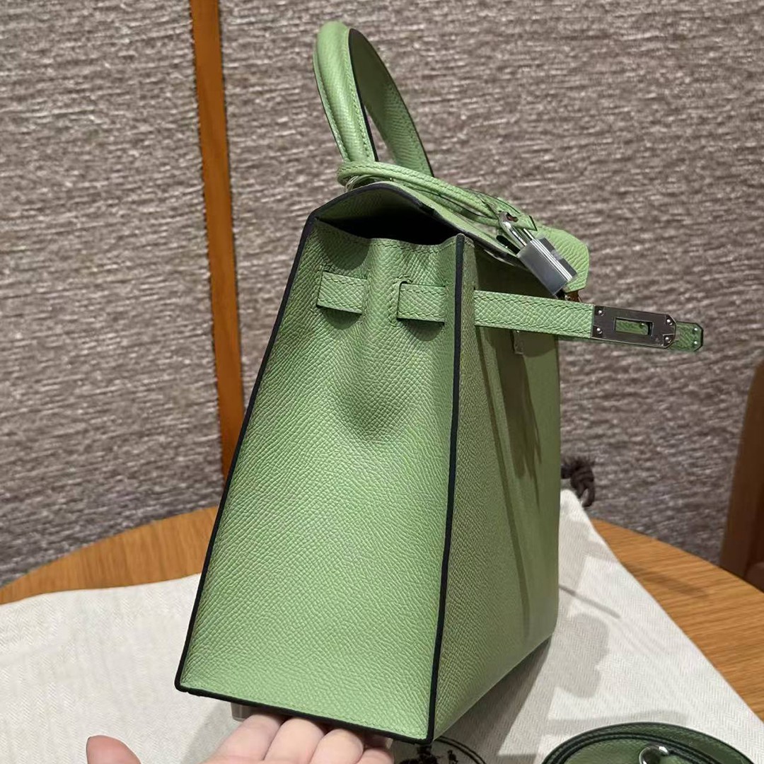 Hermes Kelly 25 Bag Handmade In Epsom Calfskin Leather Silver Hardware 3I Vert Criquent - Image 10